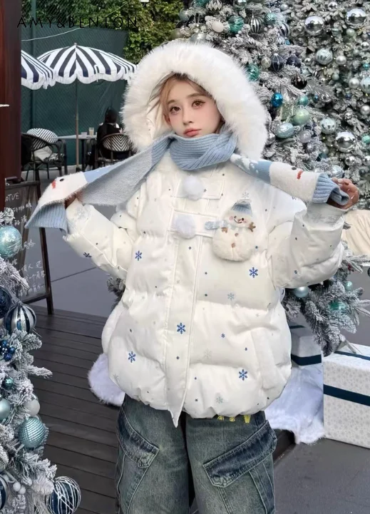

Winter New Sweet Cute Snowflake Snowman Print White Cotton Jacket for Women Loose Casual Thickened Warm Blue Coat