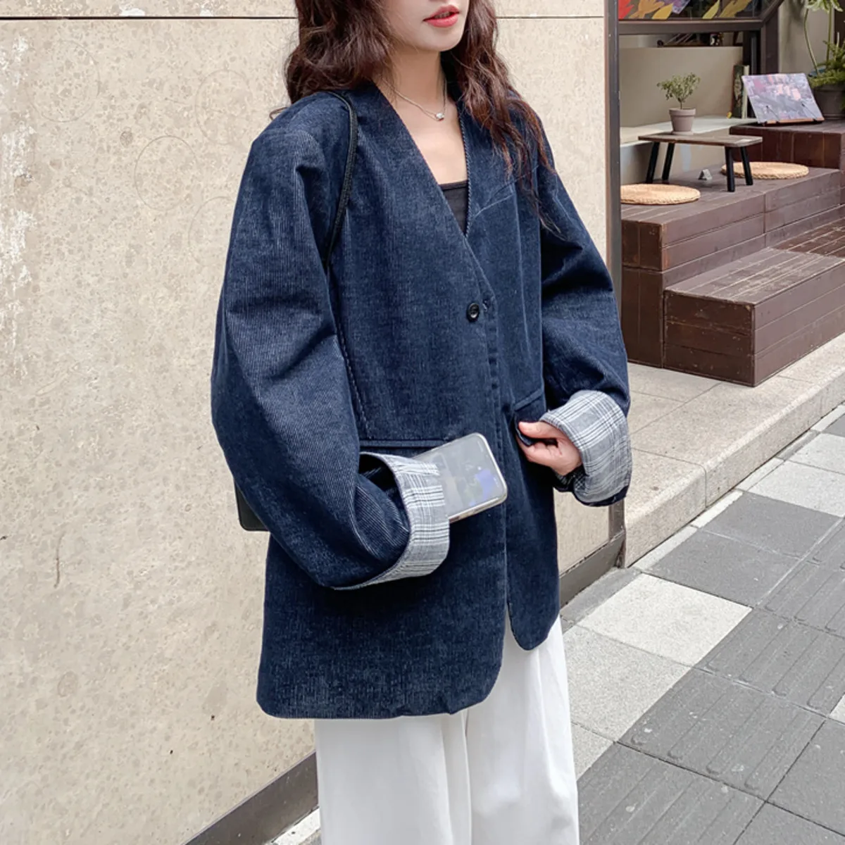 KWTX 2025 Retro Corduroy Denim Blazer Women’s Colorblock Patchwork Single Button V-Neck Jacket High-Quality Autumn Office Outfit