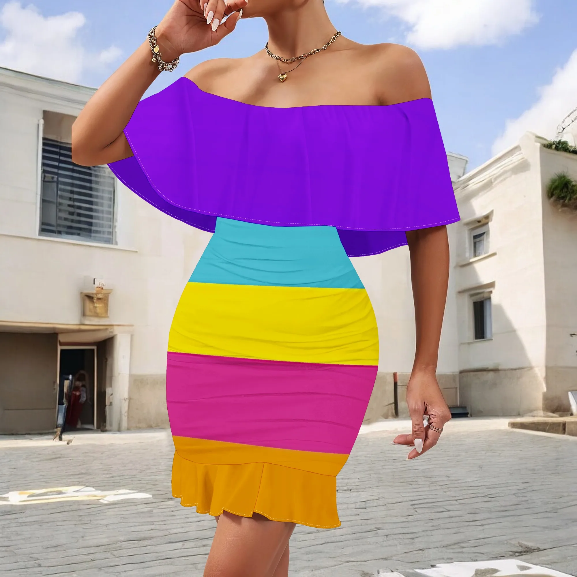 

Colorblock Off Shoulder Bodycon Dress S-3XL Ruffle Hem Slim Fit Short Style for Pride Fest, Summer Party or Nightclub Look