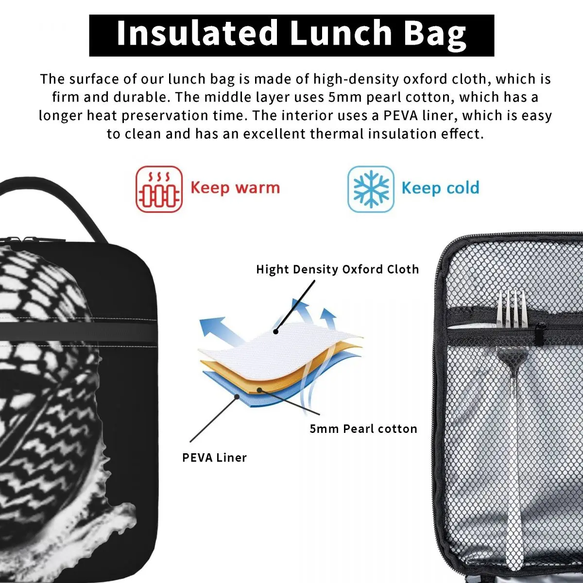 Bolsa de almuerzo con aislamiento israelí, bolsa térmica reutilizable Contenedor de comida Palestina Keffiyeh Tote fiambrera niña niño viaje escolar