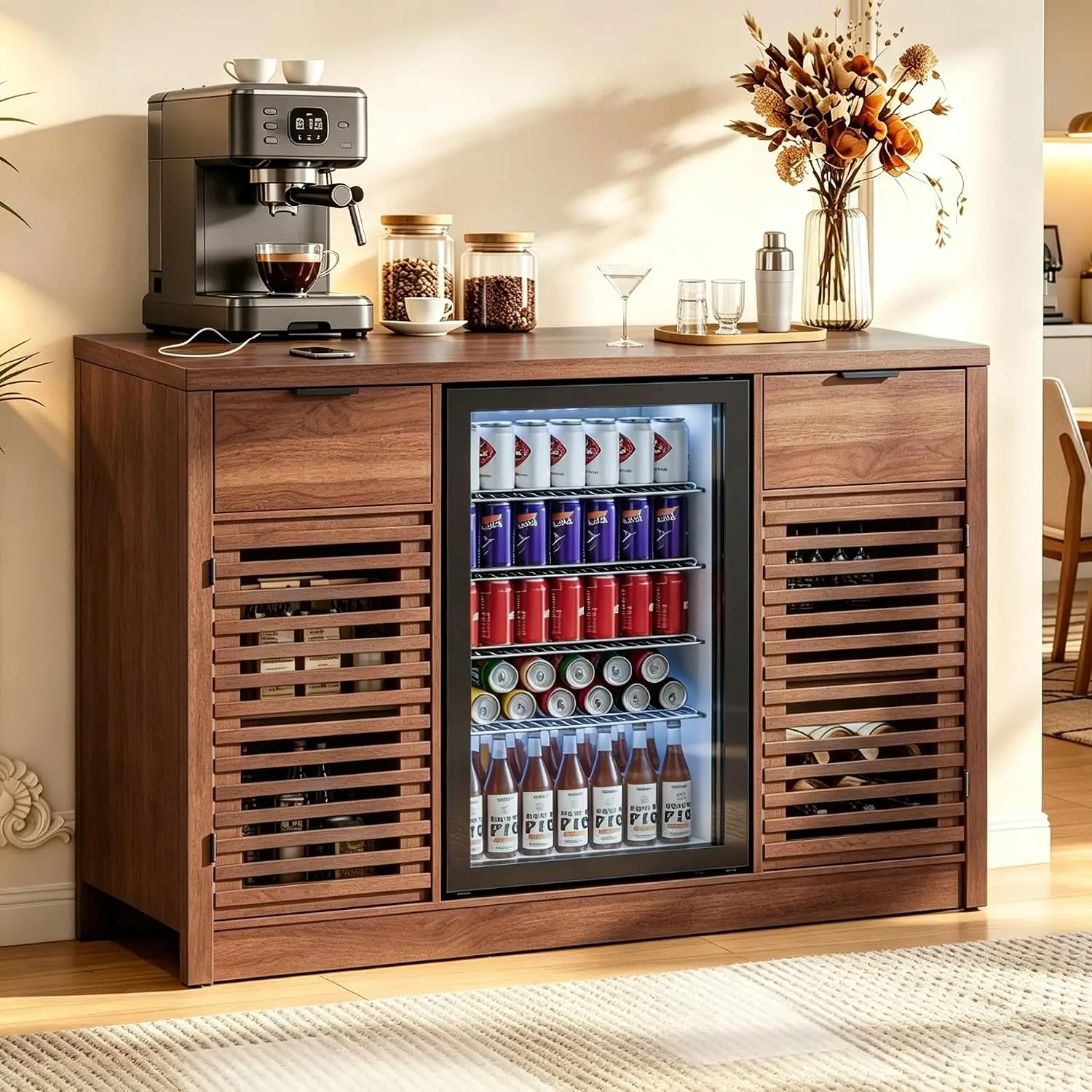 Coffee Bar Cabinet with Fridge Space Wine Rack Glass Holder Storage Power Outlet Buffet Sideboard Dining Room Home, Customized