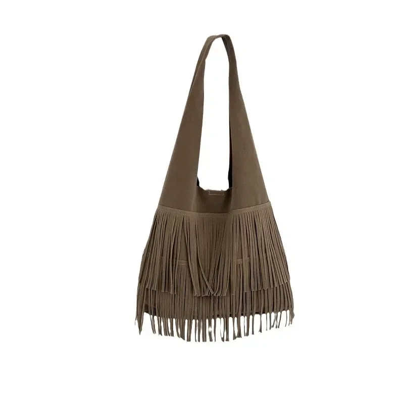 Vintage Faux Suede Tote Handbag for Women's Large Capacity Fashion Shoulder Bags With Tassel Solid Fringe Commuting Underarm Bag