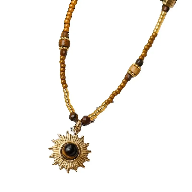 

*zNatural Tiger's Eye Stone Beaded Sunflower Necklace Women's Premium Clavicle Neck Chain