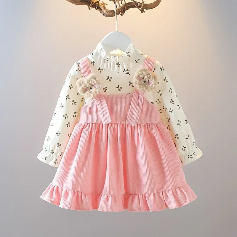 (Girls 0-3 Years Old) New Fall New Girls Dress Fake Two Upper Body Knitwear Suspenders Corduroy Floral Bear Fluffy Lace Pleats