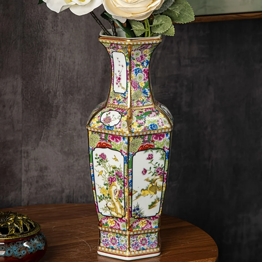 Vintage-Inspired Chinese Porcelain Vase Floral Design Hexagonal Plant Pot Living Room Vase Ornaments Home Decoration Gift