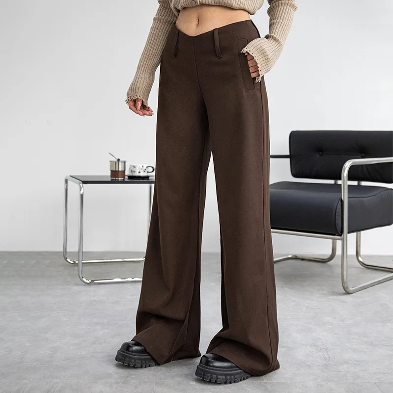Women Flared Pants Casual Autumn Clothing Black Wide Leg Suit Trousers Brown Low Waisted Formal Pants For Woman Office