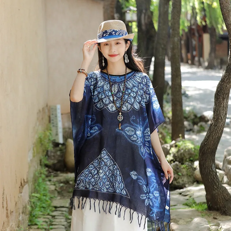 

Polyester cotton indigo tie-dye top loose pullover cape shawl suitable for traveling sunshade straw hat ethnic style retro