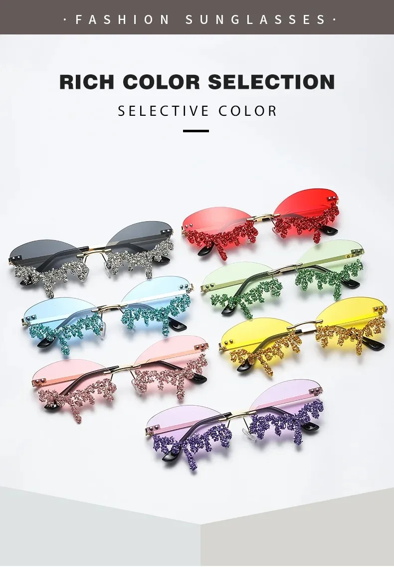 Diamant Randlose Sonnenbrille Damen Luxusmarke Strass Sonnenbrillen Sexy Tränenform Punk Party Eyewear Gafas De Sol – Detail 14