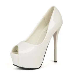 2023 scarpe da donna calde pompe in pelle verniciata Peep Toe 14CM tacchi sottili vestito piattaforma impermeabile tacchi alti scarpe da barca scarpe da sposa