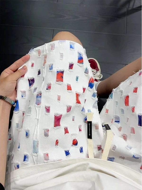 

American High Street Rainbow Small Hole Plaid Men's Design Straight Leg Five-Point Summer Thin Cotton Blend Casual orts