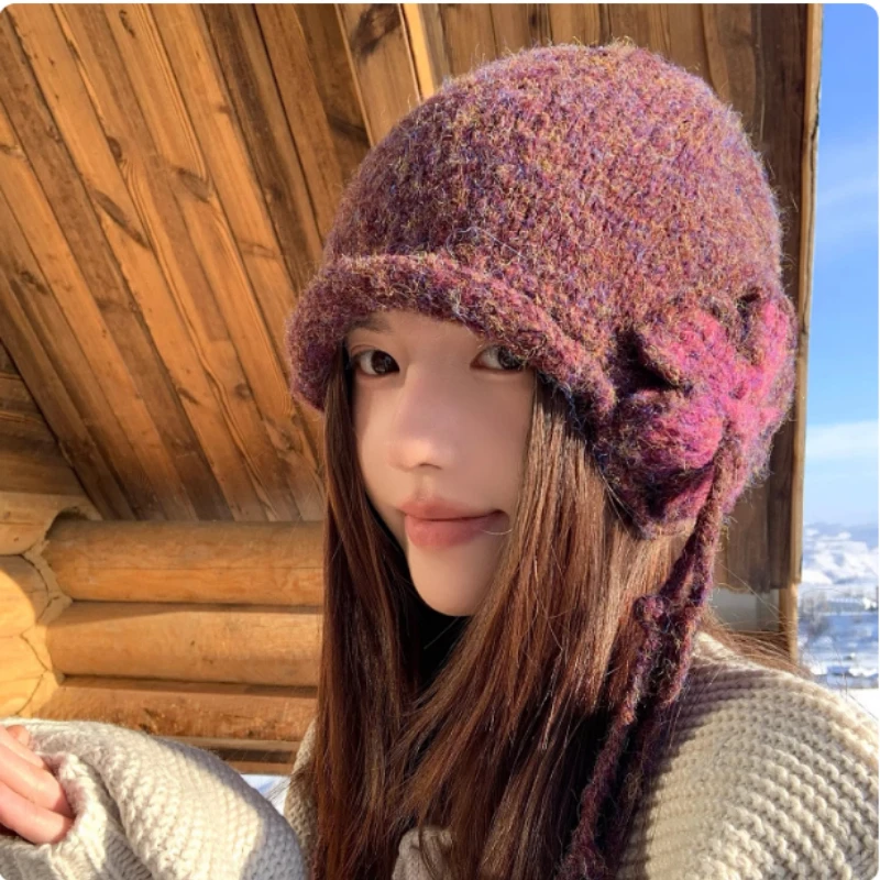 

Японская нишевая вязаная шапка ручной работы с бахромой, зимняя уличная модная теплая вязаная шапка-бини с закатанными шапками для женщин