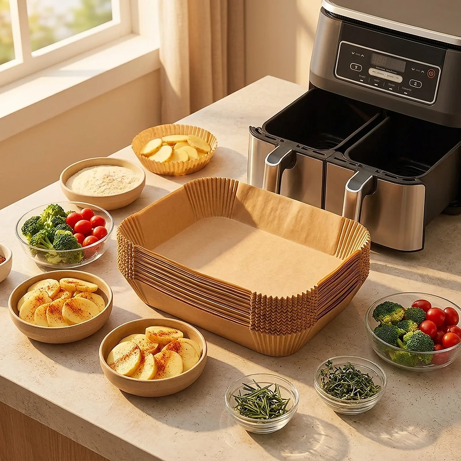 Zoyiancy 100 Count Rectangular Air Fryer Paper Liners, Unbleached Parchment Baskets for Dual Basket Cooking, Non-Stick Disposable Baking Roasting Liners