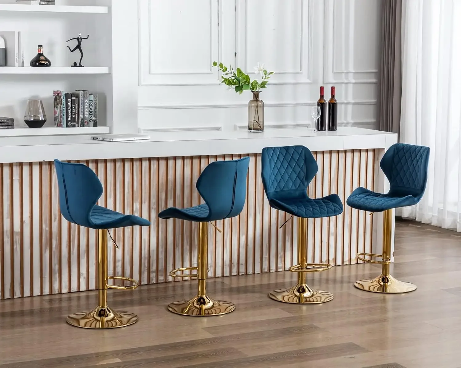 CIMOTA Swivel Adjustable Bar Stools Set of 4 Modern Gold Counter Height Bar Chairs for Kitchen Island Velvet Tall Barstools