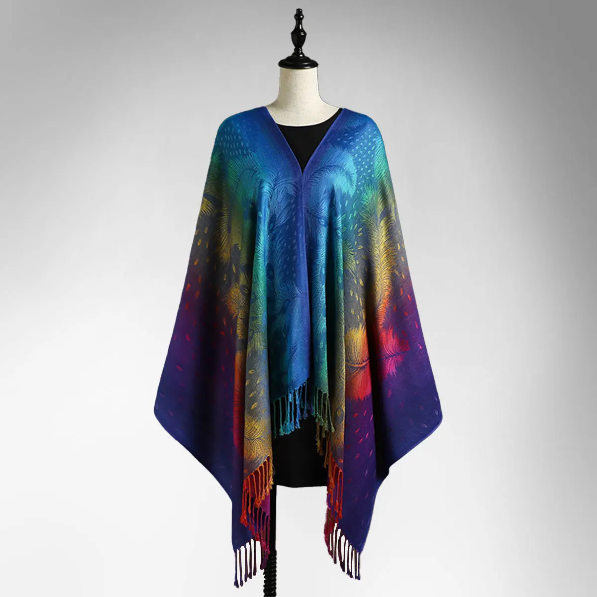 Rainbow Gradient Tassel Shawl, Extra Long Colorful Jacquard Wrap, Feather Design Fringe Scarf for Women