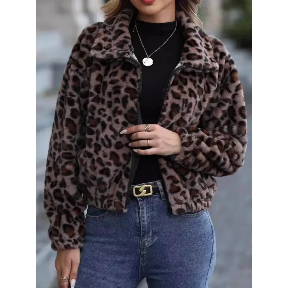 المرأة الخريف الشتاء ليوبارد طباعة سترة سميكة أفخم مقنعين الدافئة معطف طويل الأكمام لينة سستة فضفاضة سترة سيدة Bomber معطف