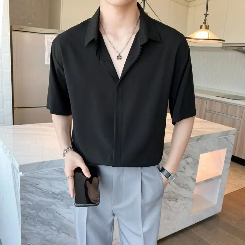 High-end Ice Silk Short-sleeved Shirt Summer Thin Cold Style Men's Solid Color Top Casual and Handsome Drooping