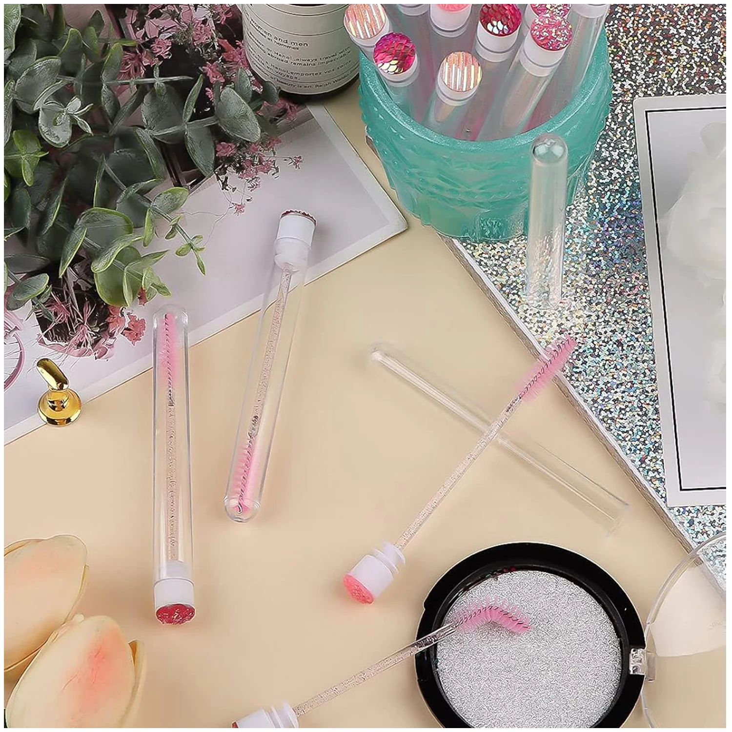 Ebanku 40 pièces ensemble de tubes de brosse à cils rose 40 pièces Tube de baguette de cils vide en diamant réutilisable 40 pièces baguette de brosse à cils en cristal jetable, pour le maquillage des femmes filles