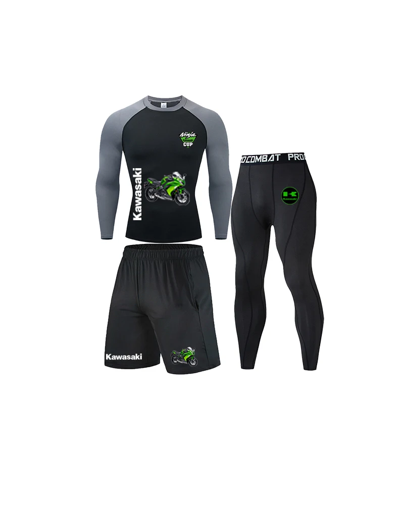 

New European and American Kawasaki motorcycle suit 3-piece running sports top long sleeved breathable tight yoga suit for men