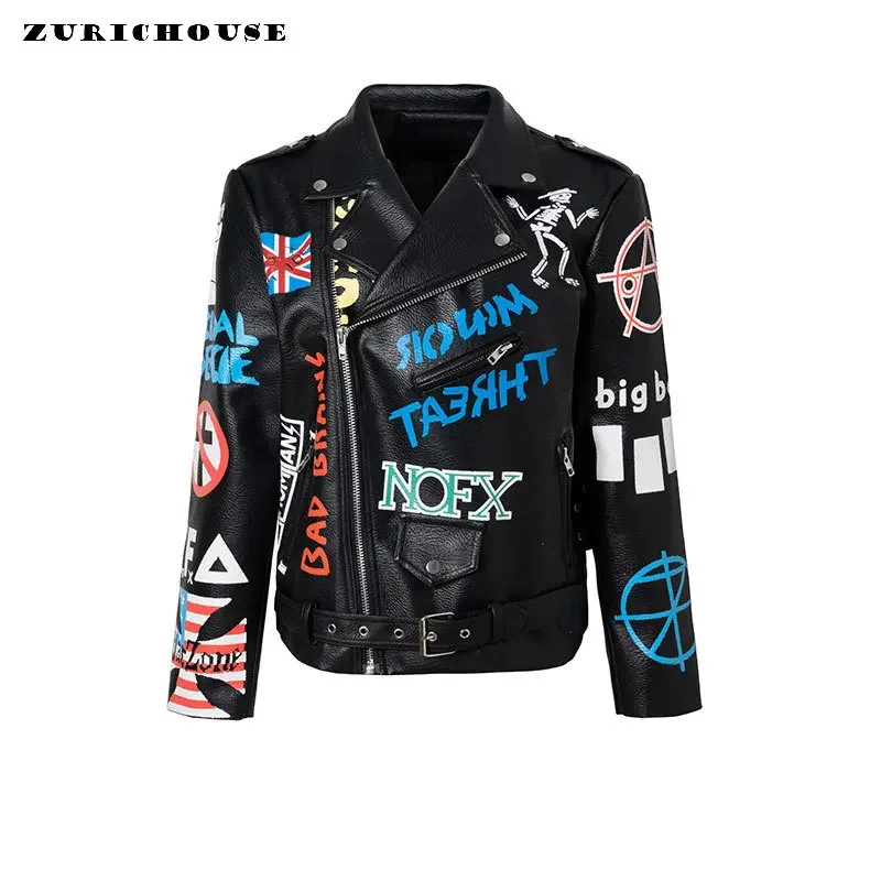 Contrast Graffiti Print Leather Jacket for Women and Men 2024 New Streetwear Punk Style Black Faux Leather Motorcycle Jacket