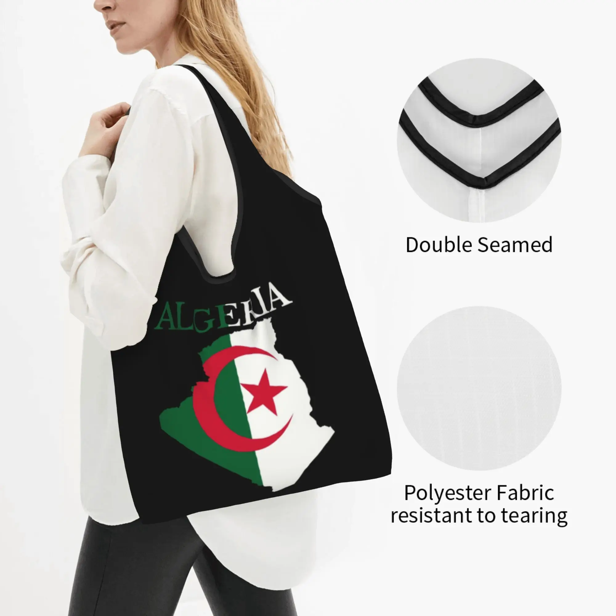 Funny Print Algeria Flag Map Tote Shopping Bag Portable Shopper Shoulder Algerian Heart Handbag