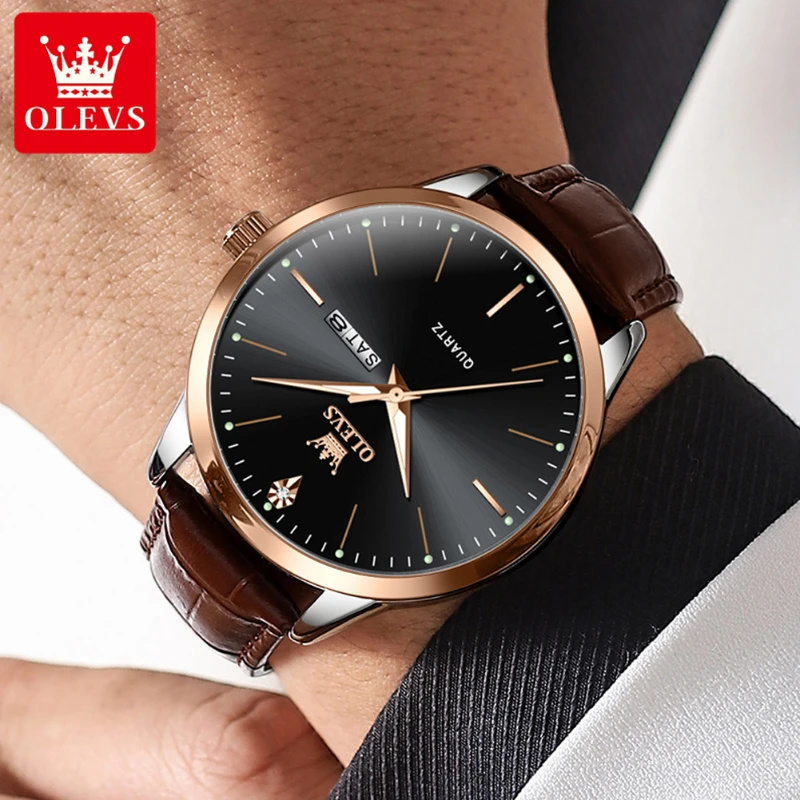 OLEVS 2935 Men’s Quartz Watches Top Brand Original Luxury Watch for Men Large Dial Leather Strap Waterproof Luminous Wristwatch