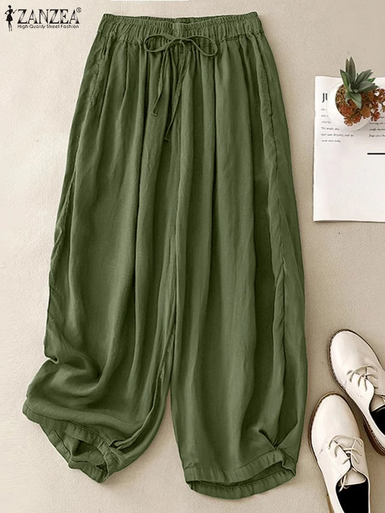 

ZANZEA Fashion Korean Bottoms Women Solid Color Pants Holiday Summer Drawstring Long Trouser 2025 Casual Loose Lantern Pantalons