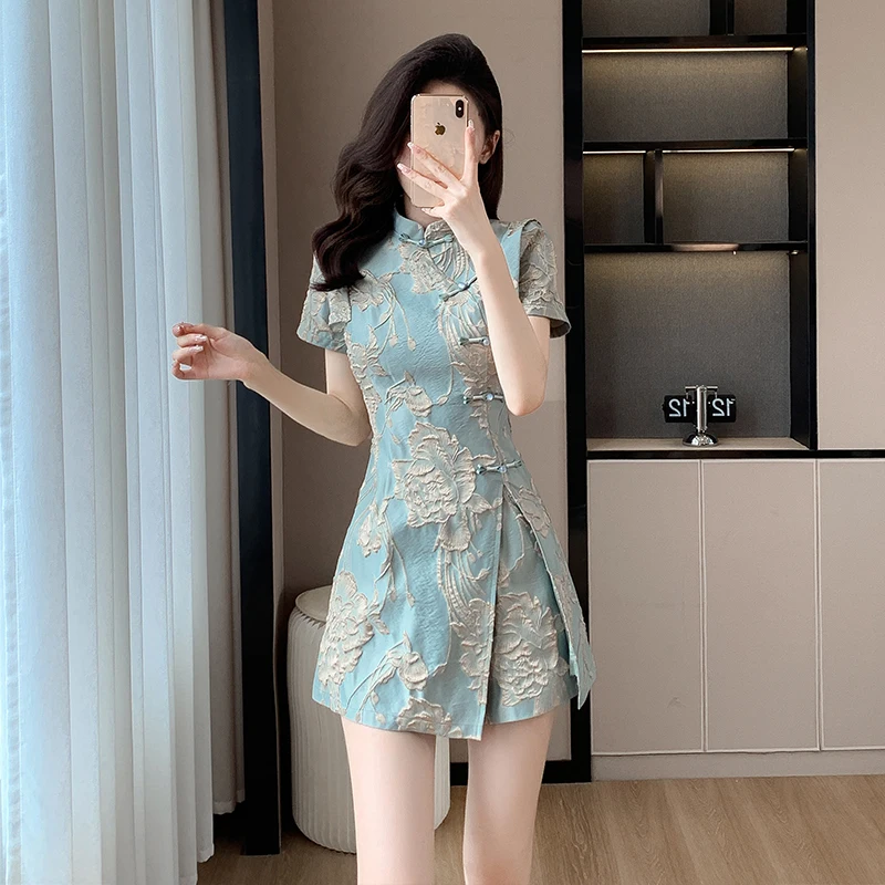 

Новое летнее светло-зеленое жаккардовое роскошное модифицированное мини-платье Ципао в китайском стиле и комплект из двух предметов, дышащий торжественный наряд
