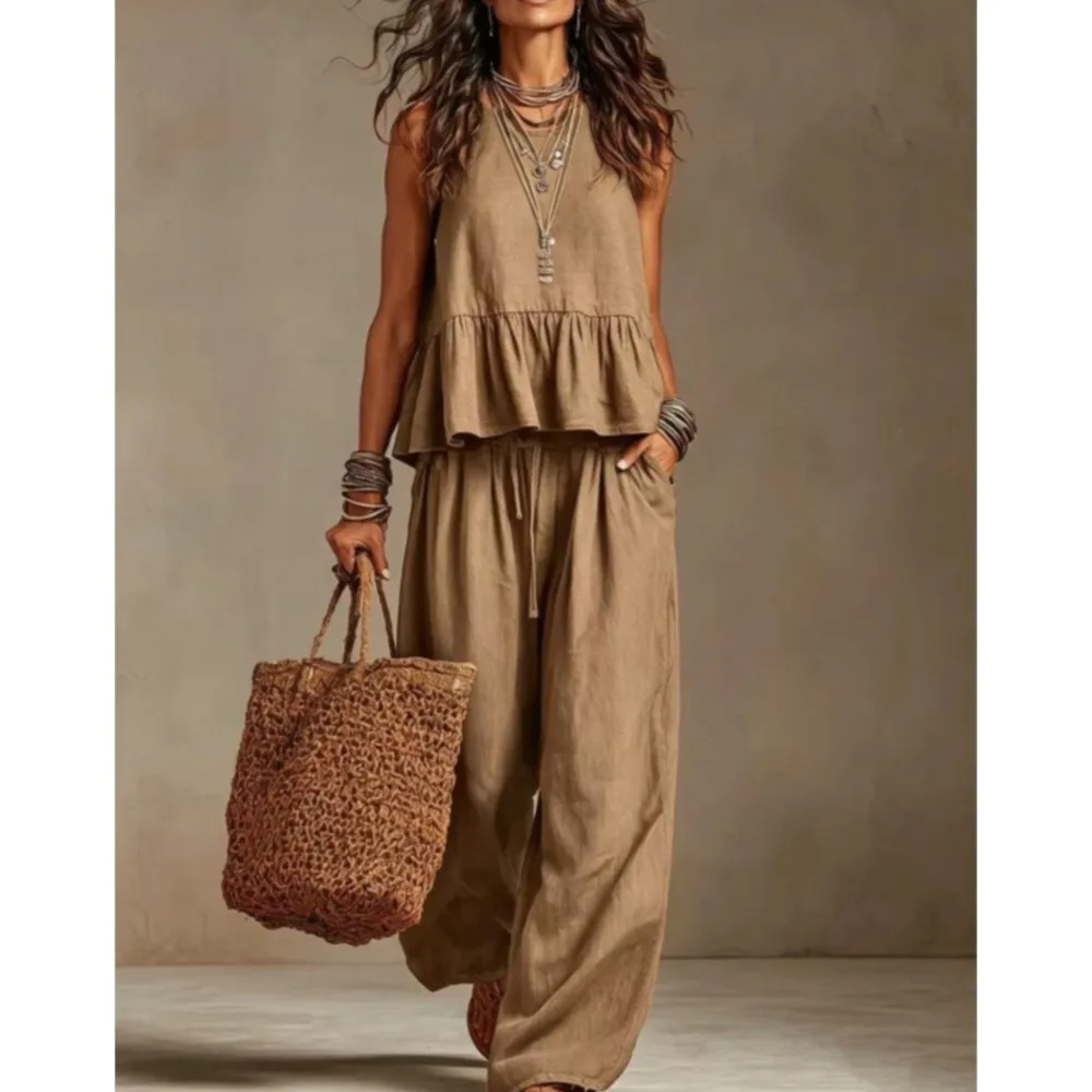 New Casual Sleeveless Women T-shirt Trousers 2piece Set Fashion Ruffled Large Swing Elegant Female Office Wide-leg Trousers Suit - view 5