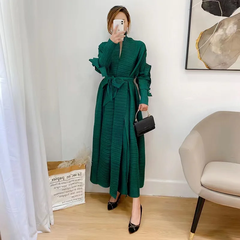 Miyake Pleated Petal Sleeve Lapel Cardigan Sashes Plus Size High Long Green Vestidos 2024 Spring Spring Women Aesthetic Clothes