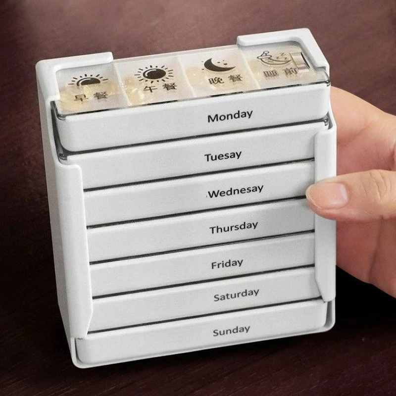 

7-Day Medication Organizer, Weekly Pill Organizer, Portable Medicine Box Square, Convenient 28-Grid Drawer Medicine Case