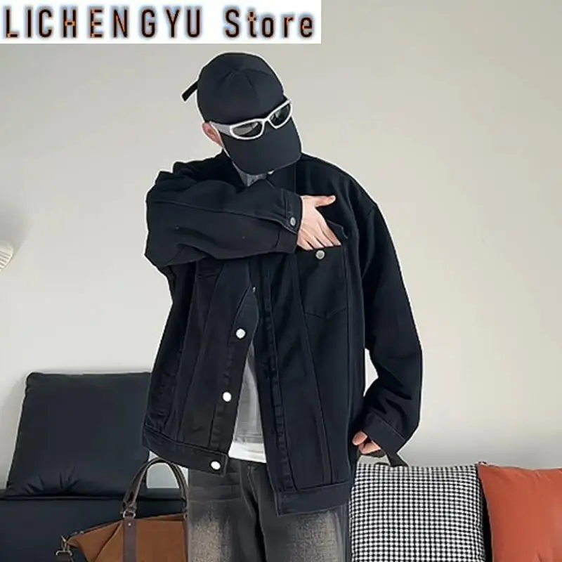 Pop Autumn Black Denim Jacket Men Fashion Retro Pocket Denim Jackets Men Streetwear Hip-hop Loose Bomber Jacket Mens Cowboy Coat