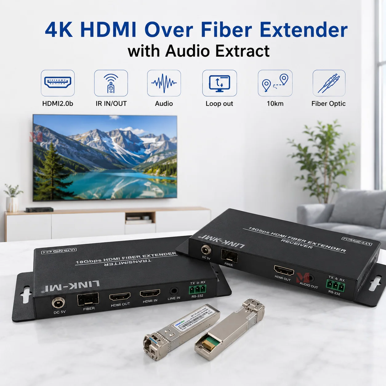 

HDMI 2.0b Fiber Extender 1000m, 4K@60Hz,HDR Audio, Support IR,RS-232, Single/Multi-Mode, 18Gbps, HDCP2.2 for Home Theater