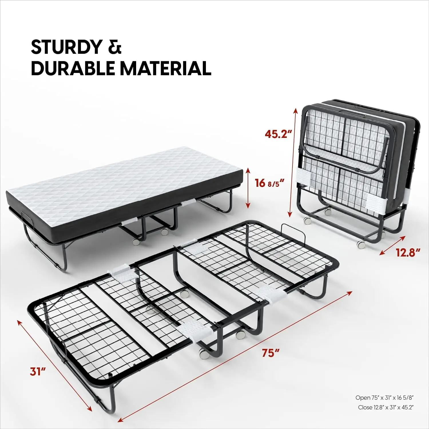 Folding Bed with Mattress - 75x31 Cot Size Bed Frame - Portable Roll Away Adult Bed for Guest - 5-inch Thick