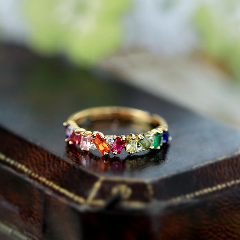 Original design silver inlaid rainbow gemstone series rings for women adjustable light luxury elegant engagement high jewelry