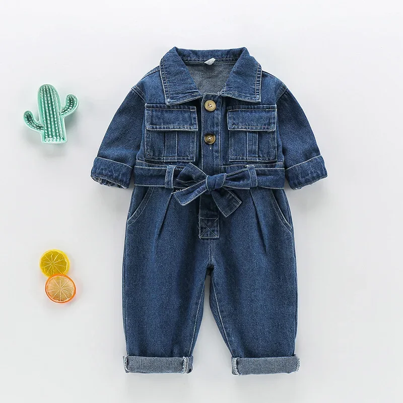 456  Spring Kids Denim Jumpsuits Baby Long Sleeve Overalls Children Fashion Jeans Loose Trousers Korean Baby Boys Girls Outfit
