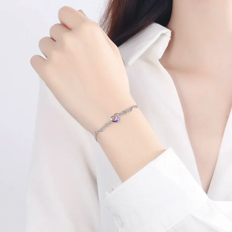 Hot 925 Sterling Silver Love Heart Angel Wing CZ Jewelry Set Purple AAA Zircon Pendant Necklace And Bracelet Women Fashion Gift