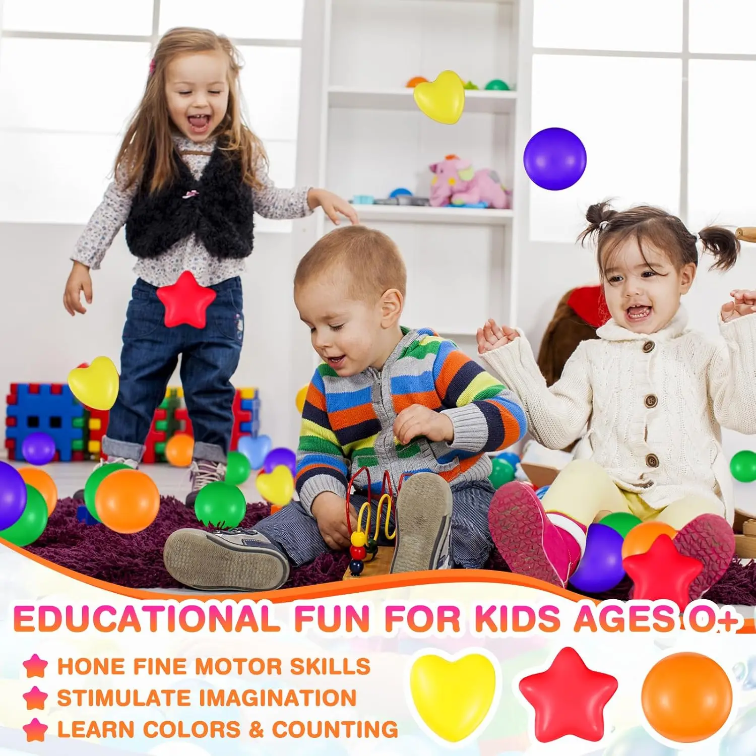 100 piezas de bolas para niños, bolas de plástico con forma de corazón y estrella para parque infantil, juguete de juego de 2,17 pulgadas para piscina inflable de túnel para gatear Bi