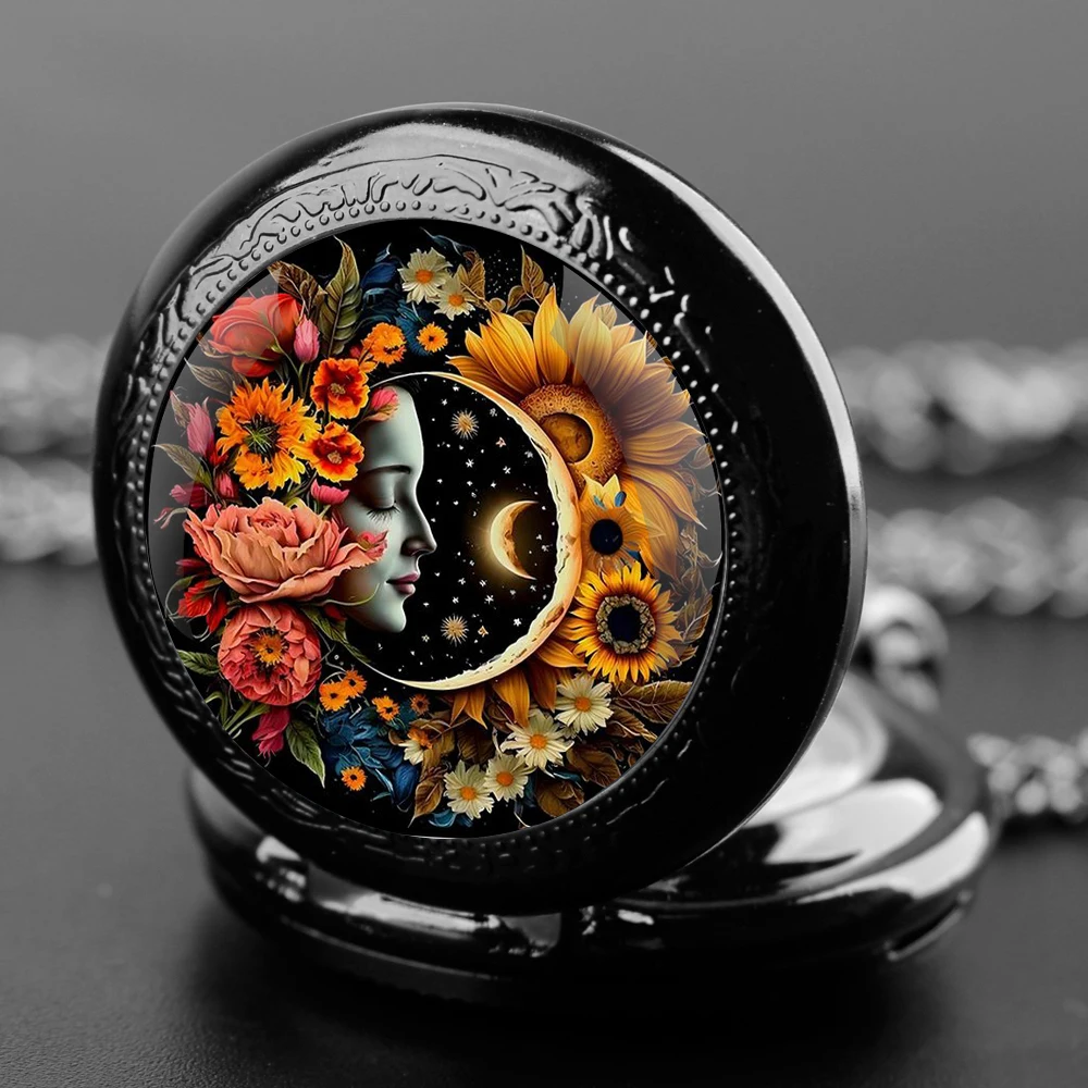 Reloj de bolsillo de cuarzo con cúpula de cristal para hombre, diosa del sol y la luna, esfera con números árabes clásicos, cadena duradera, regalos creativos