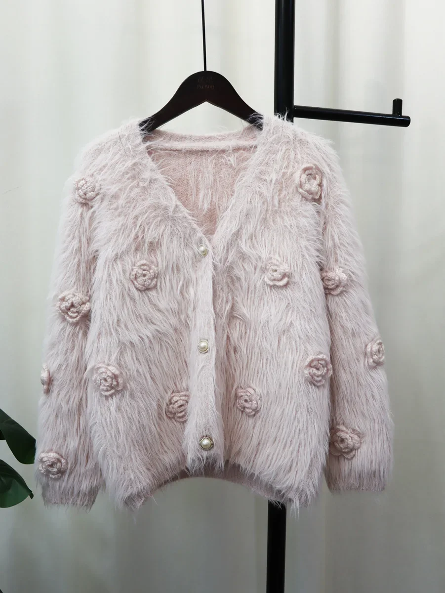 Fur Button Long Sleeve Cardigan Fluffy Top Floral Autumn Winter 2023 Pink Knitted Sweaters Women Spring Tops Jumpers Pullovers