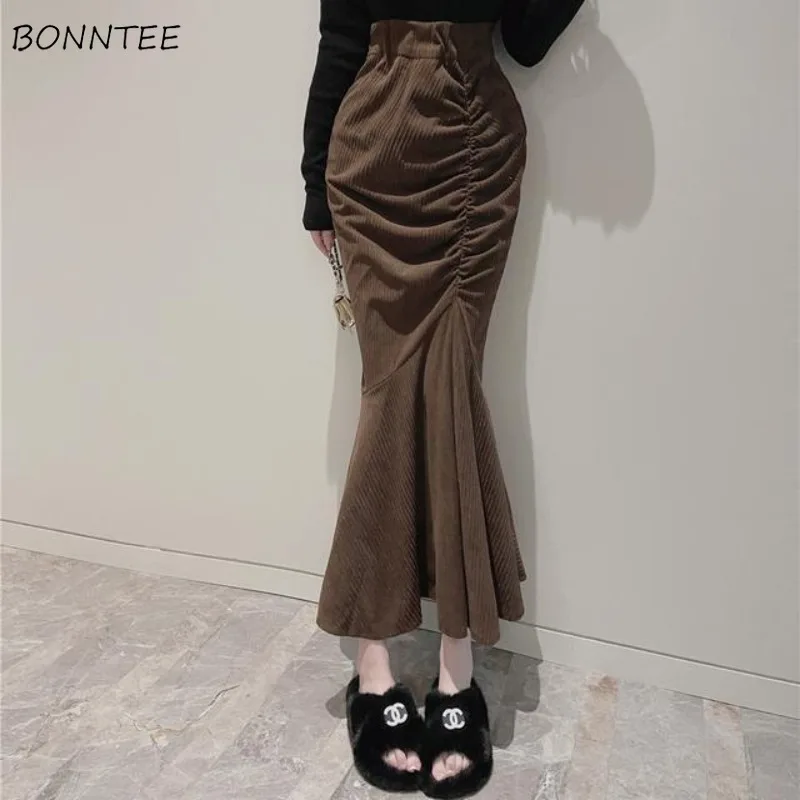 

Midi Skirts Women Sexy Slim Temper Shirring Vintage Mature Korean Style High Waist Casual Trumpet Faldas Streetwear Classic Club