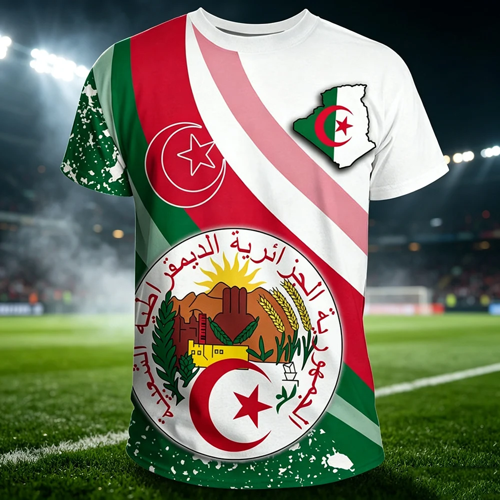 Algeria National Emblem Flag Map Unisex Quick-dry T-Shirt for Men Patriotic Short Sleeve Football Fan Crew Neck Family Kids Tees
