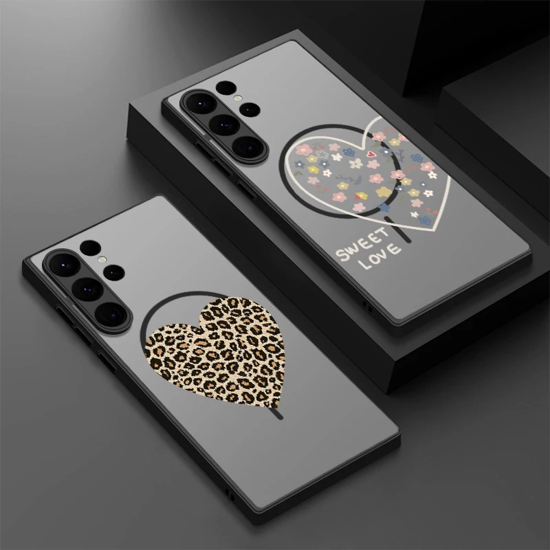 Leopardenmuster-Herzdesign Magnetische Hülle für Samsung Galaxy S26 S25 S23 S24 Ultra S22 Plus S25 FE für Magsafe Matte Hartschale