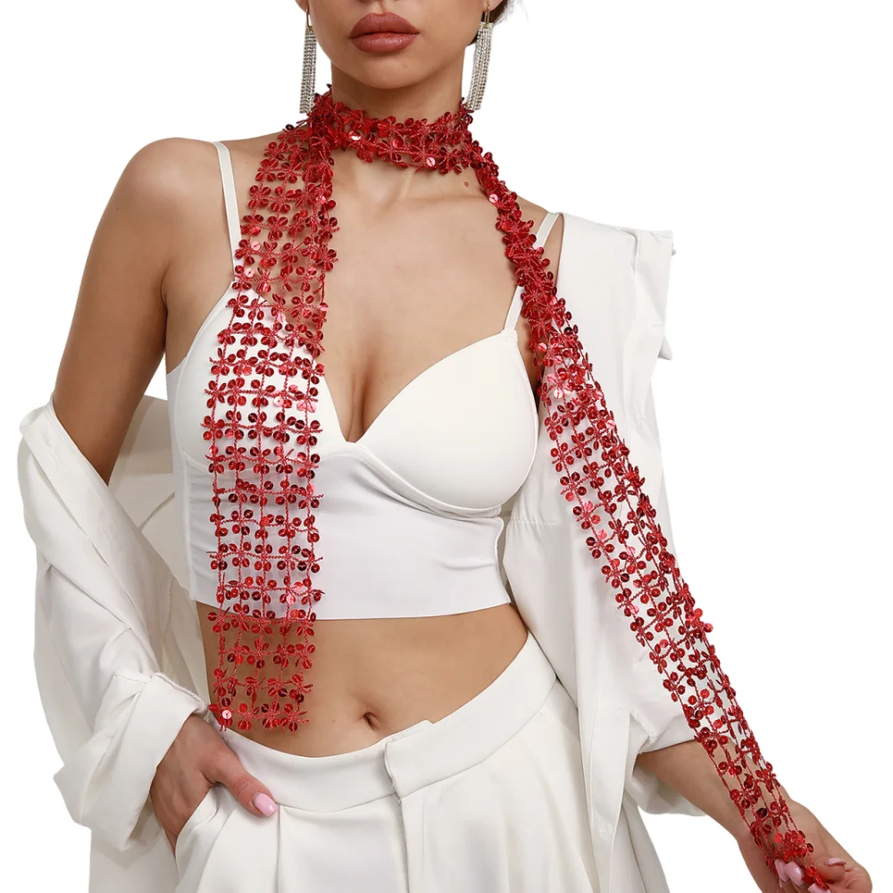 

Neck Wrap Shiny Sequin Scarf Hollow Flower Shape Waist Chain Glitter Embellished Multicolor Sparkling Hair Accessory Dance