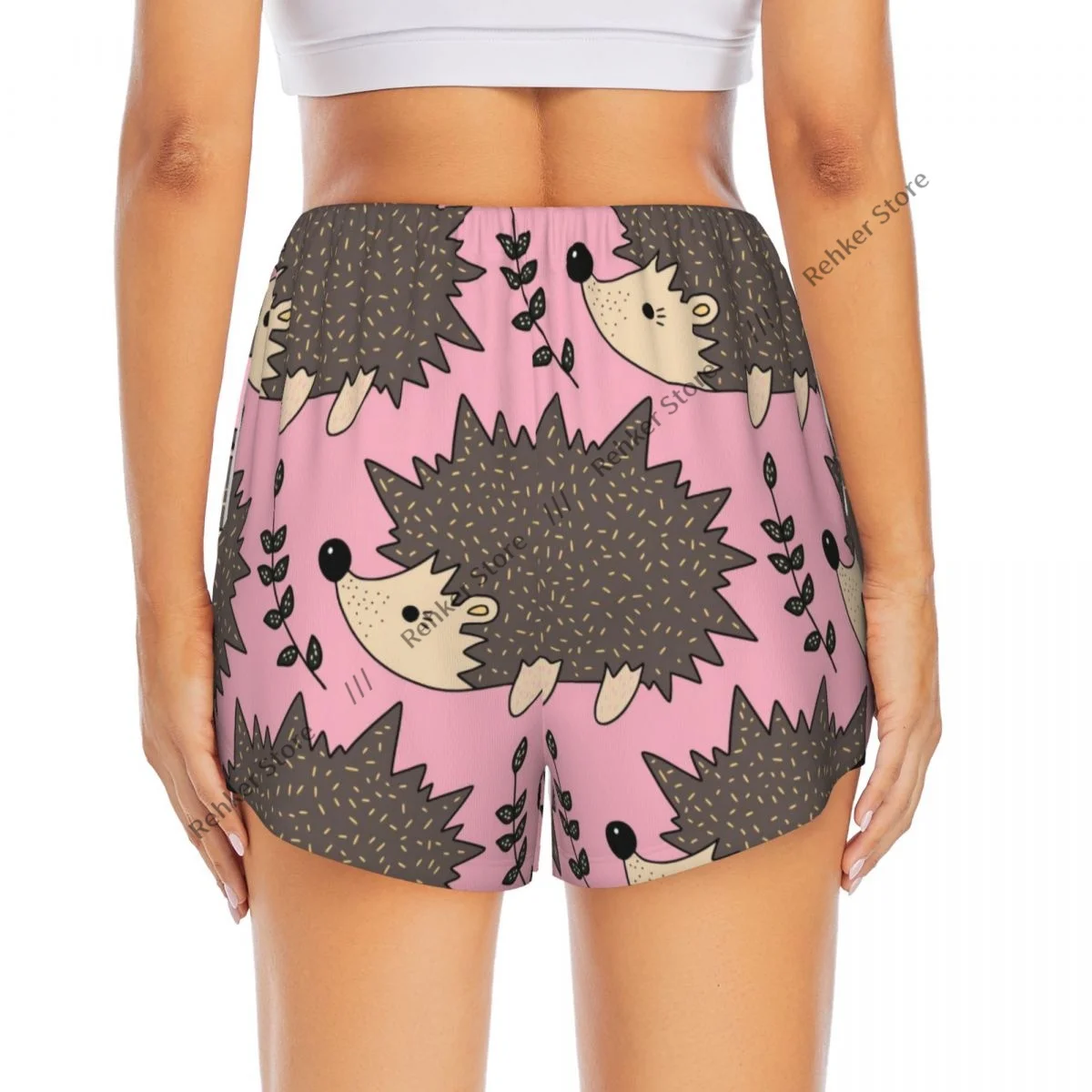 Cute Forest Hedgehogs Women's Double Layered Quick-Dry Athletic Shorts for Outdoor Leisure Running Fitness Workout Sport