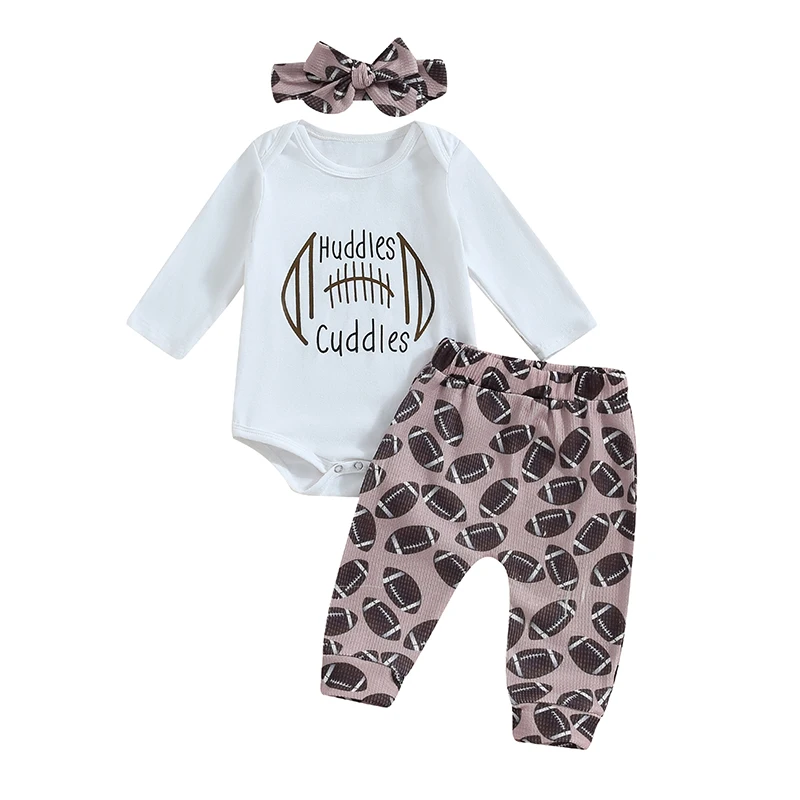 

Baby Girls 3PCS Pants Sets Long Sleeve Letter Print Romper Rugby Print Pants Headband Sets