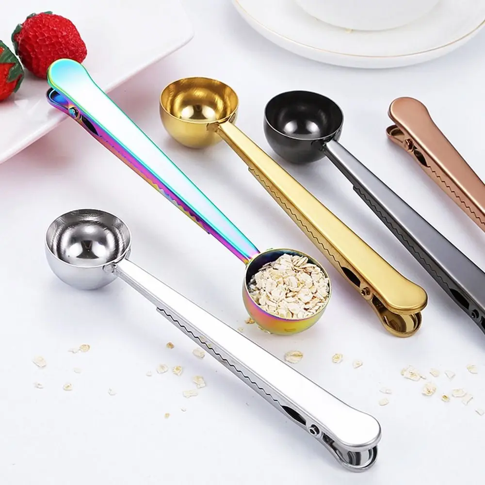 

Portable 2-in-1 Coffee Spoon With Bag Clip Stainless Steel Silver Coffee Scoop Clip Long Handle Gold Spoon Bag Clip Coffee