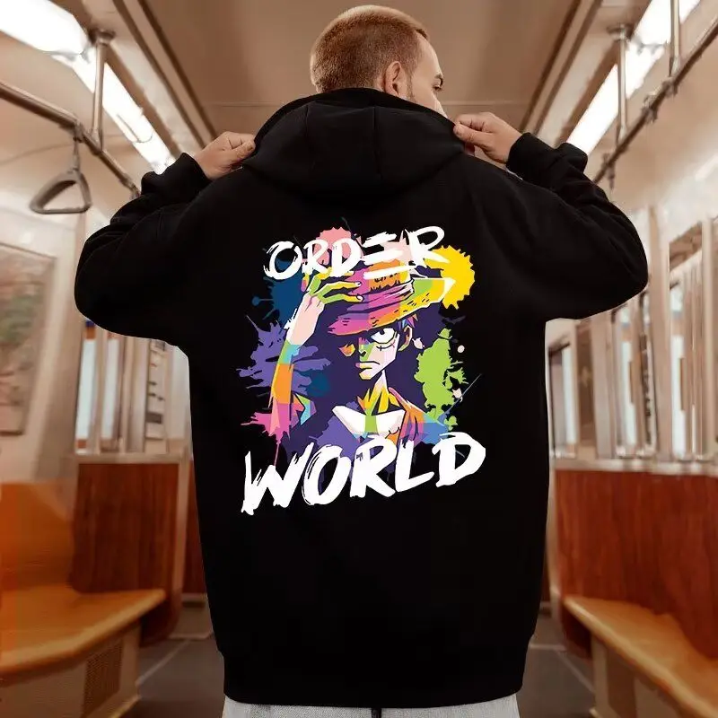 

Fleece Hooded Sweater Loose Large Size Men's and Women ONE PIECE Pullover Jacket Luffy Autumn and Winter New Japanese Animation