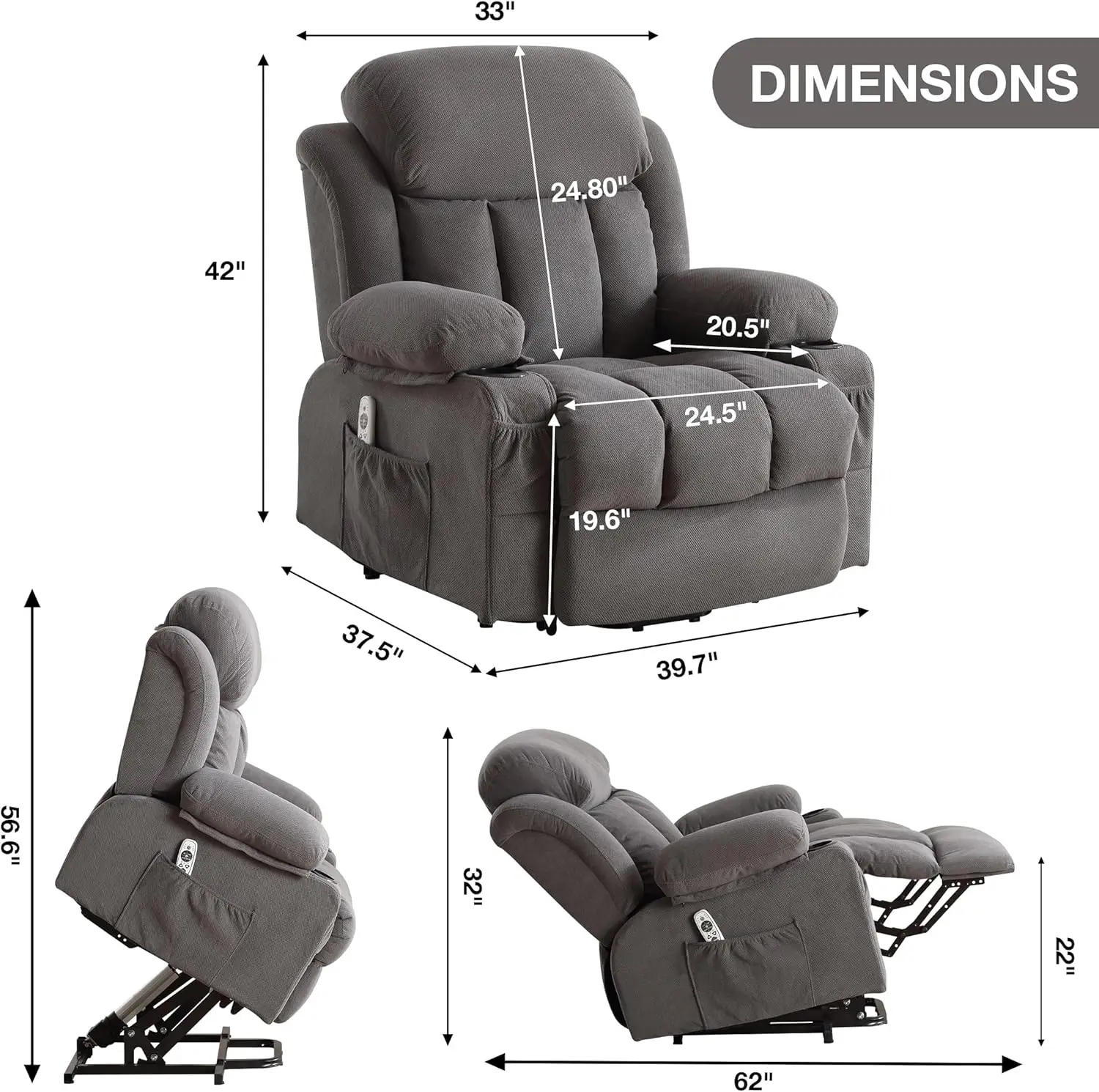 Lift Recliner Chair with Heat and Massage Electric Fabric Recliner Chair for Elderly with Side Pocket, USB Charge Port, Remote C