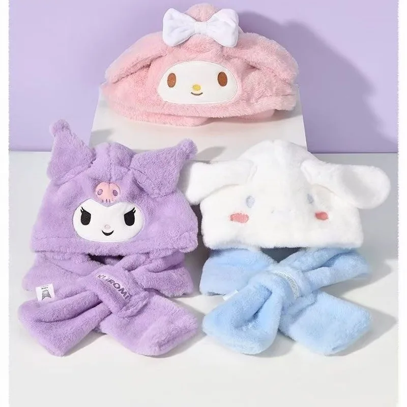 어린이 모자 스카프 통합 겨울 따뜻한 Sanrio 귀여운 Kuromi 애니메이션 플러시 만화 귀 보호 모자 장갑 새 모델