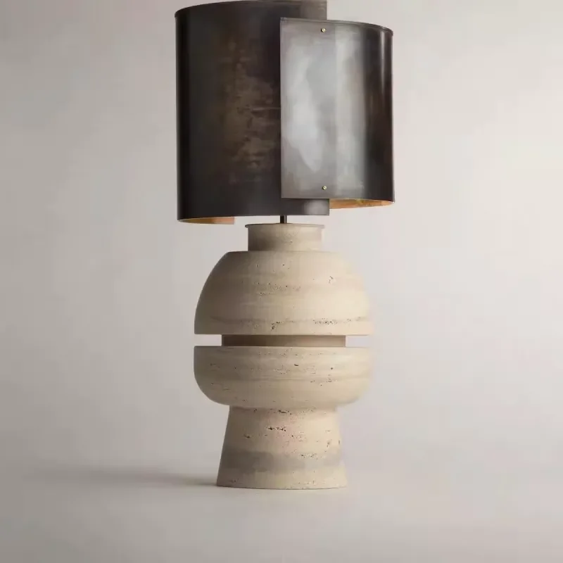 Modern Minimalist Natural Travertine Table Lamp Art Decor Light for Living Room Bedroom Hotel Interior Design Stylish Base